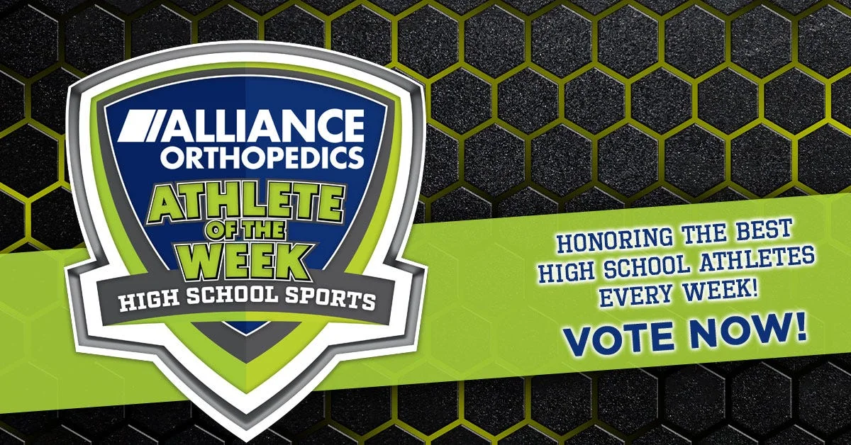 Alliance Orthopedics Athlete of the Week logo over a black honeycomb background with a green vote banner.