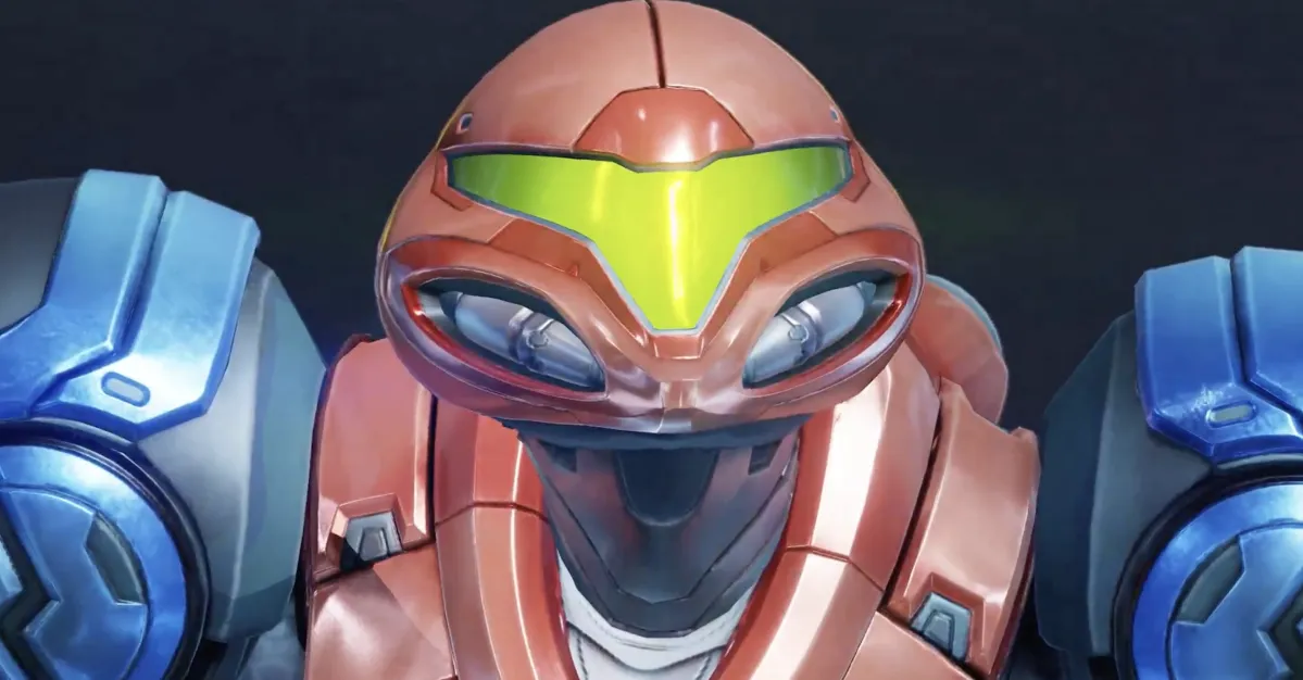 Close-up of a red-orange armored character with a bright green visor and blue shoulder armor.