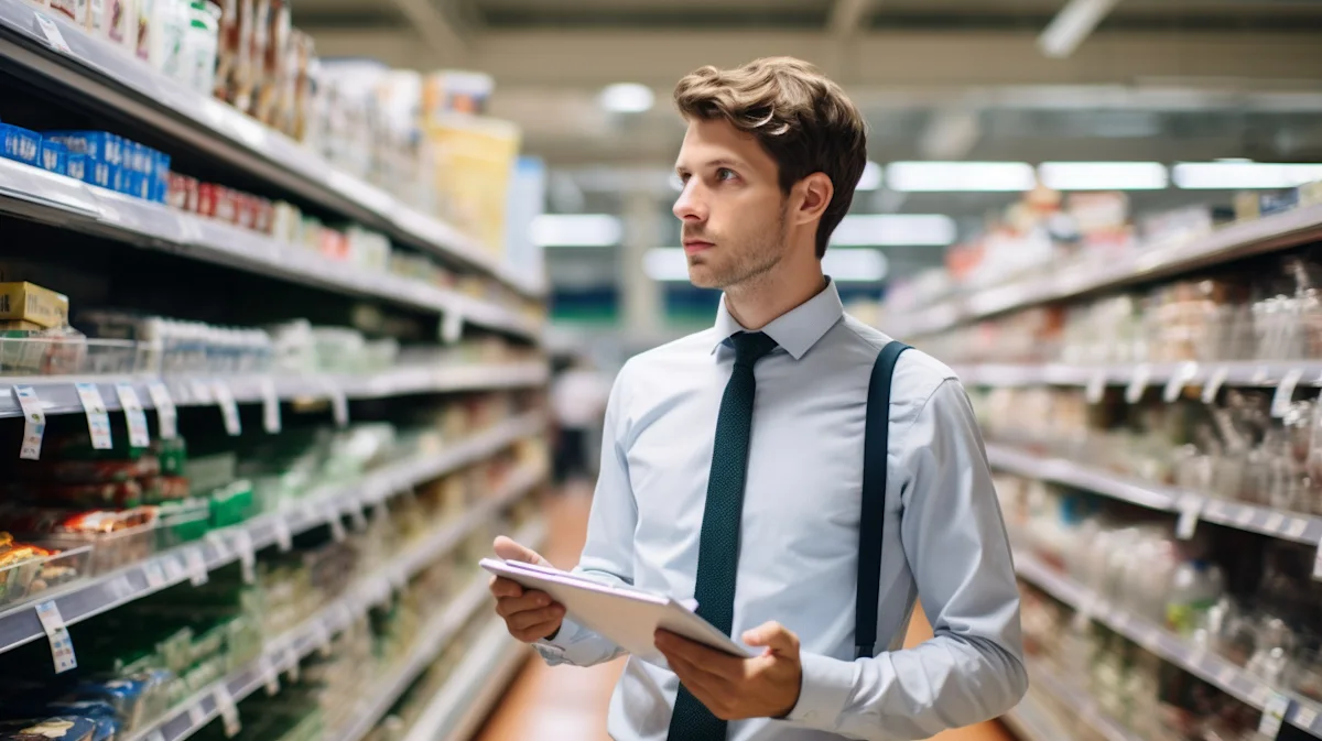Man in dress shirt and tie holds a tablet while standing in a grocery store aisle