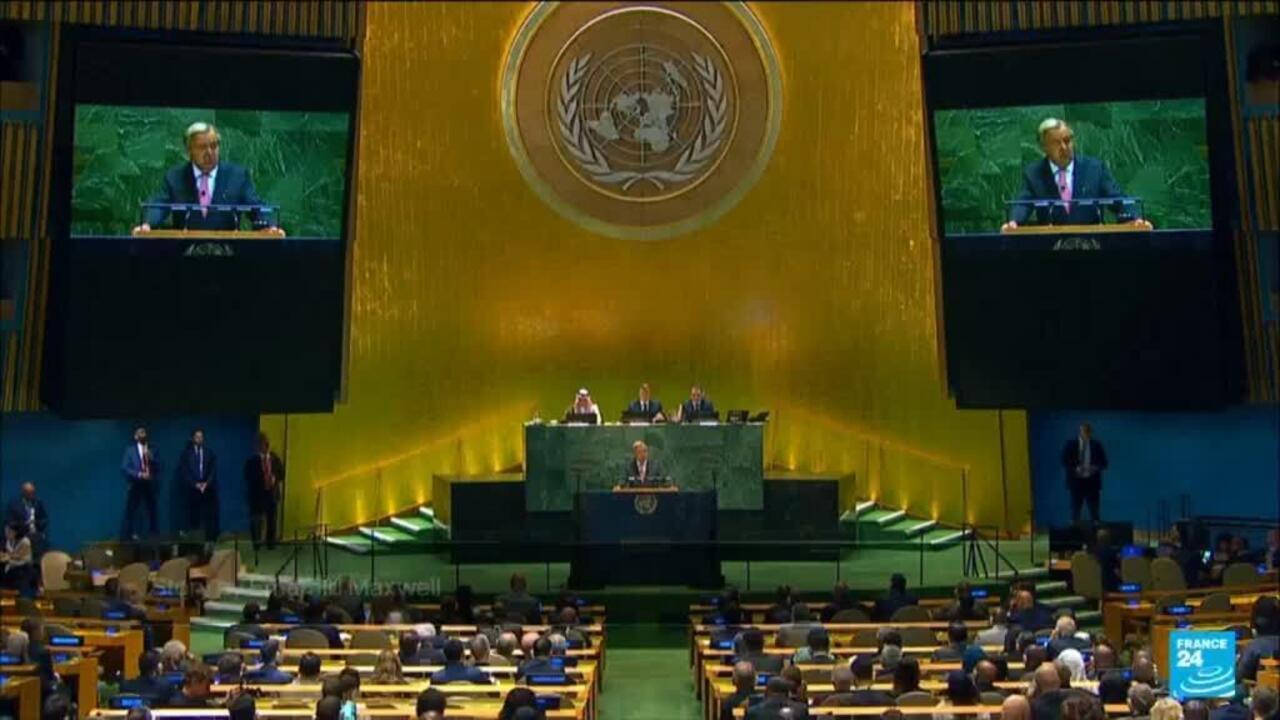 World leader addresses delegates from the podium in the United Nations General Assembly hall