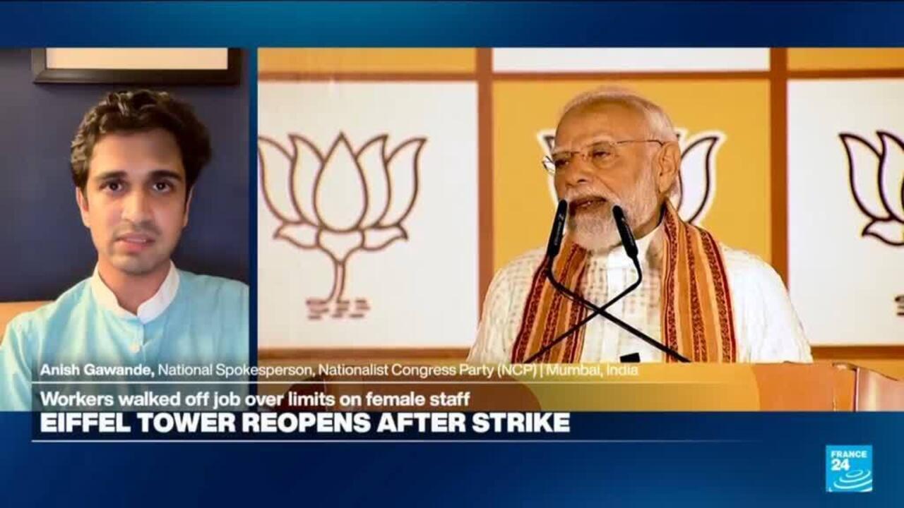Split-screen news broadcast showing a young commentator and an Indian politician speaking at a podium.