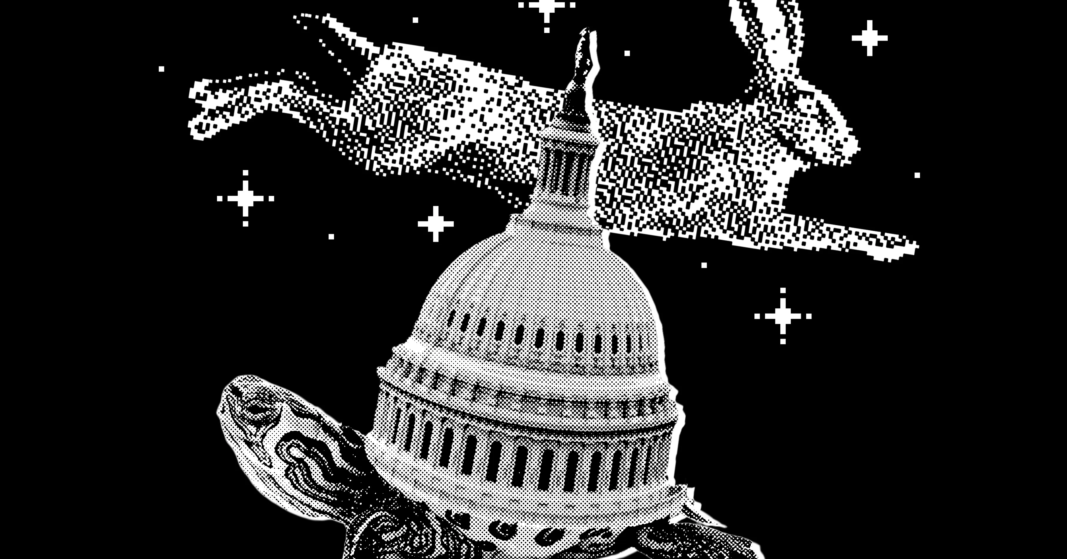 Pixel-art airplane flying behind the U.S. Capitol dome against a starry black background