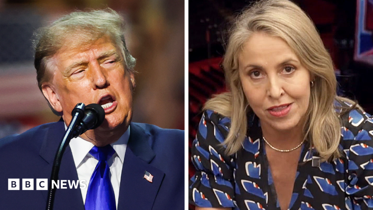 Split-screen image of Donald Trump speaking at a microphone beside a blonde woman in a studio.