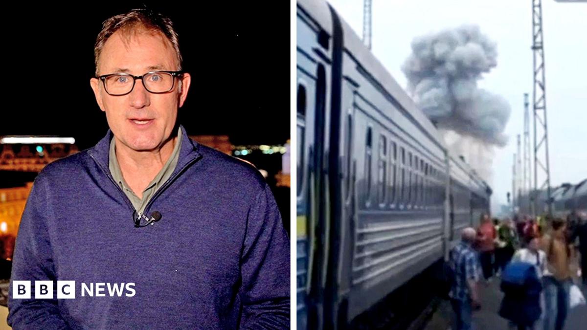 Split image showing a bespectacled man beside a passenger train with smoke rising nearby and people gathered