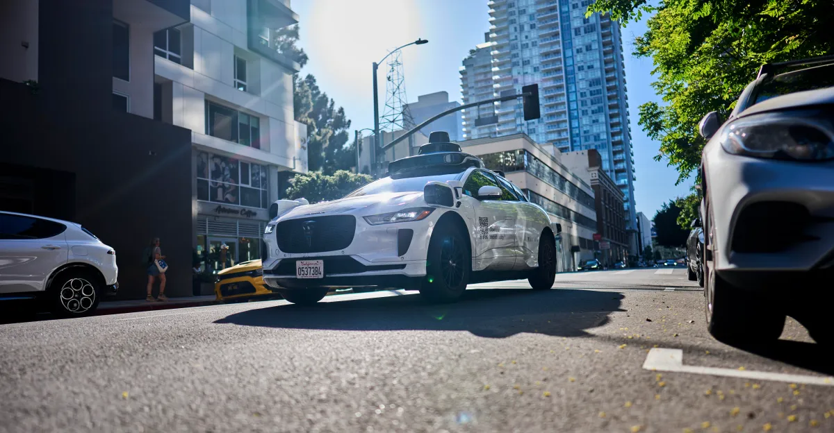 White Waymo autonomous vehicle driving on a sunlit urban street between parked cars and tall buildings