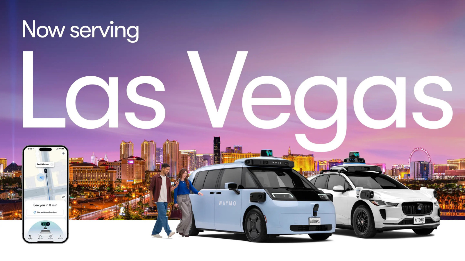 Waymo robotaxis and smartphone navigation app displayed against a Las Vegas skyline at sunset.
