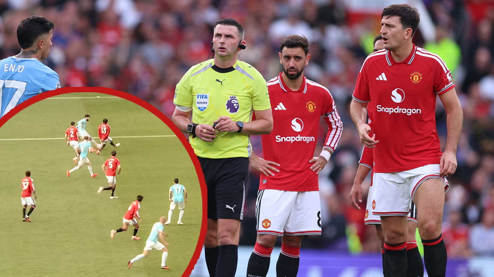 Football referee alongside Manchester United players, with inset showing a contested match incident on the pitch