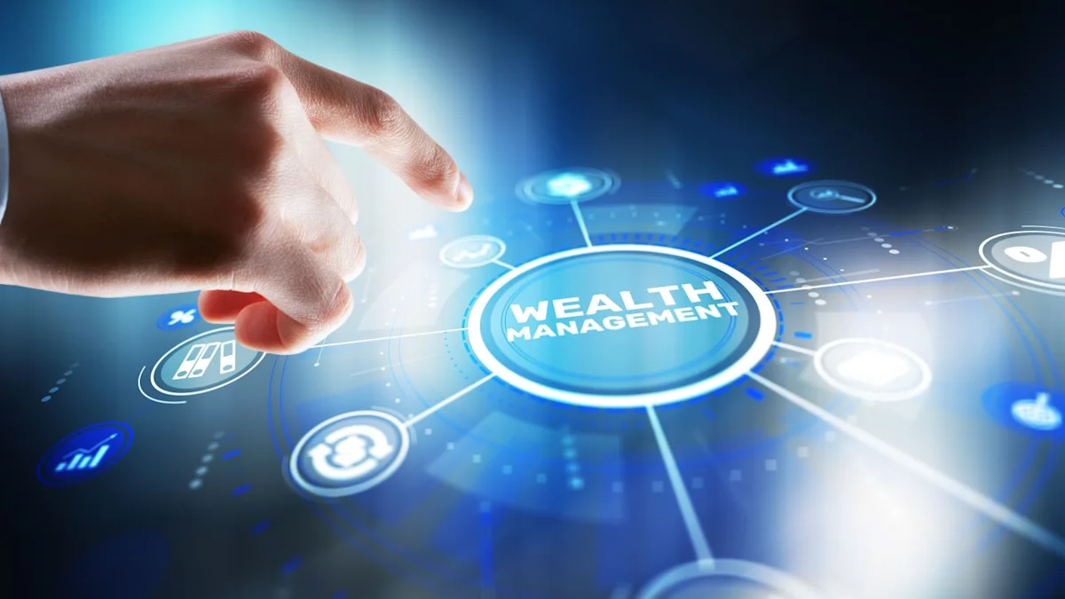 Hand reaching toward a blue digital wealth management interface with connected financial icons