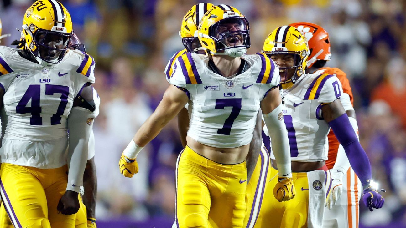 LSU football players in white jerseys and gold pants walk together during a game.