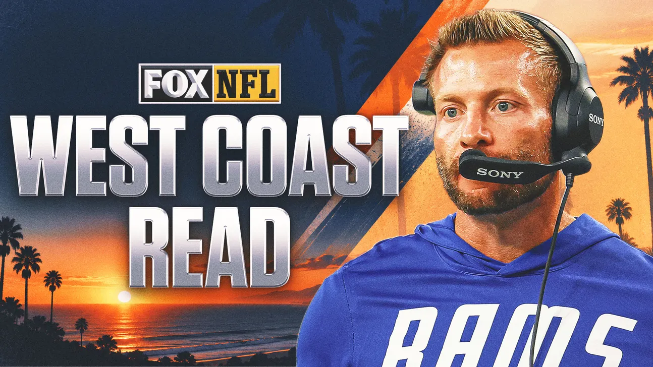 Football broadcaster wearing a headset and blue Rams hoodie over a sunset beach graphic with West Coast Read text.