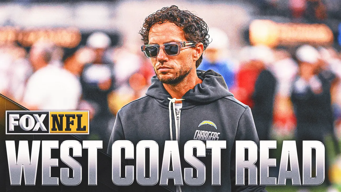 Football coach wearing sunglasses and Chargers hoodie at a stadium, with West Coast Read graphic