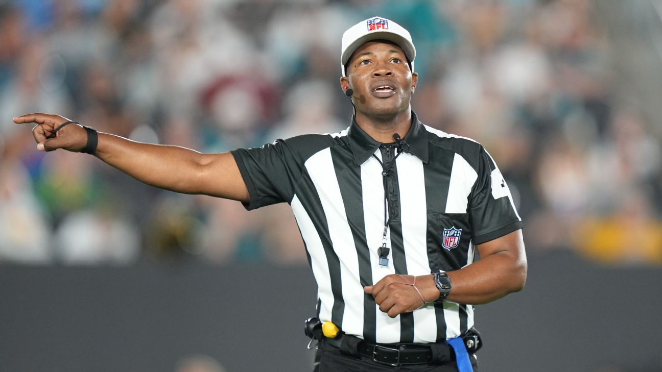 NFL official points during a game while wearing a black-and-white striped uniform