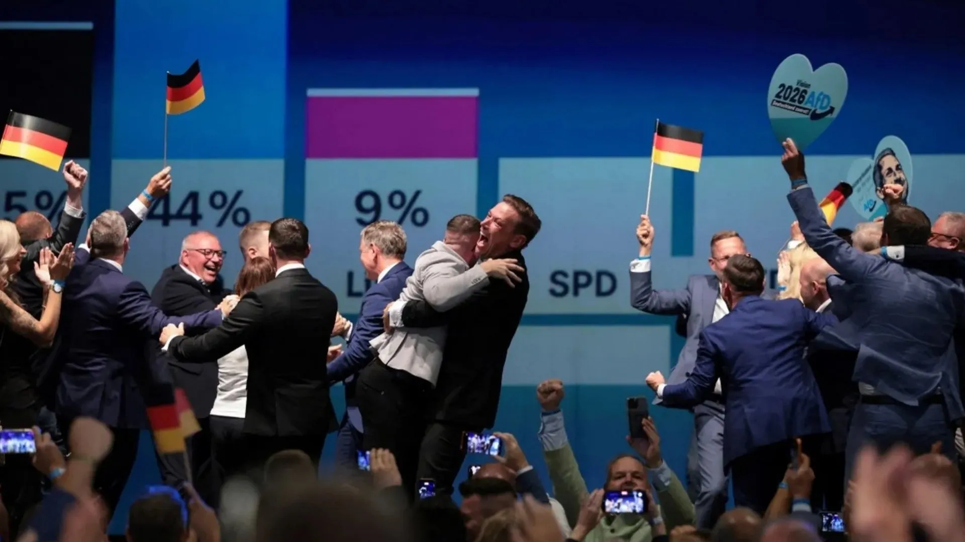 Celebrating supporters wave German flags before election result graphics showing party percentages on a stage.