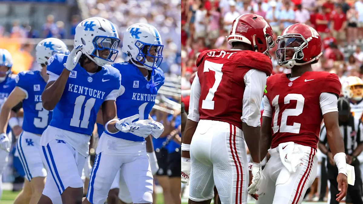 Kentucky Wildcats and Alabama Crimson Tide football players face each other in split-screen photos