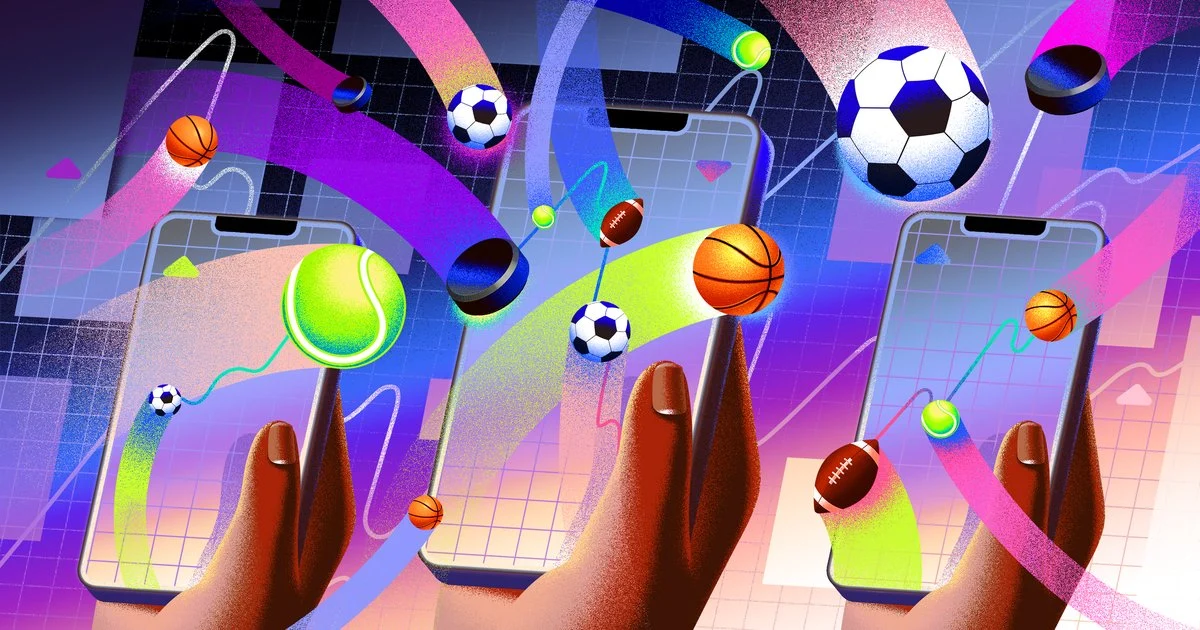 Illustration of hands holding phones as colorful sports balls and sweeping ribbons fill the scene.