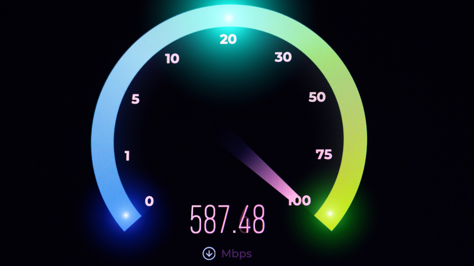 Internet speedometer display showing 587.48 Mbps on a dark background with colorful illuminated gauge