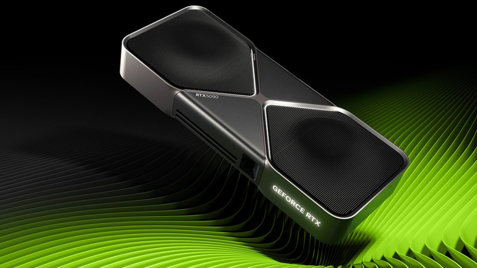 Close-up of a GeForce RTX 5090 graphics card against a vivid green, ridged background.