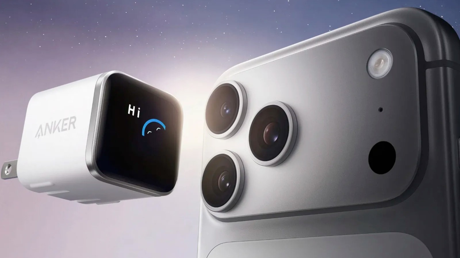 Anker smart display charger beside a close-up smartphone camera module against a starry background