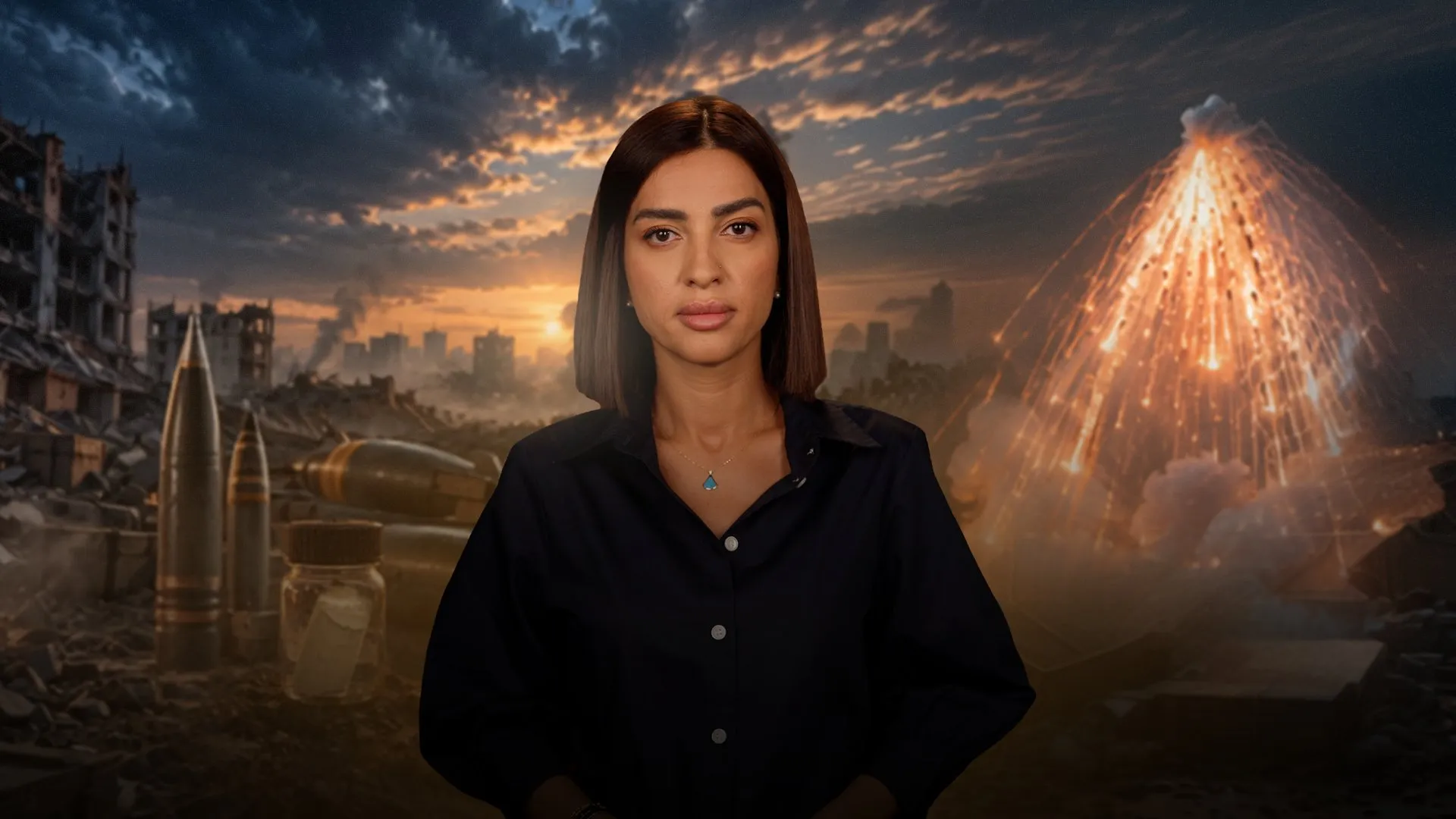A woman stands before a graphic of a devastated city, munitions and a bright descending streak.