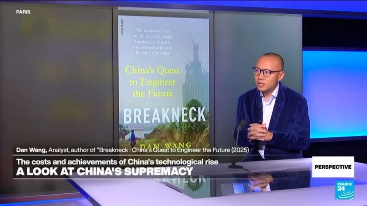 Bald man in glasses speaks beside a projected book cover during a televised interview.