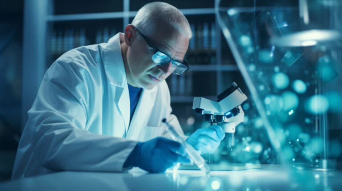 Scientist in protective eyewear examines a sample beside a microscope in a blue-lit laboratory.