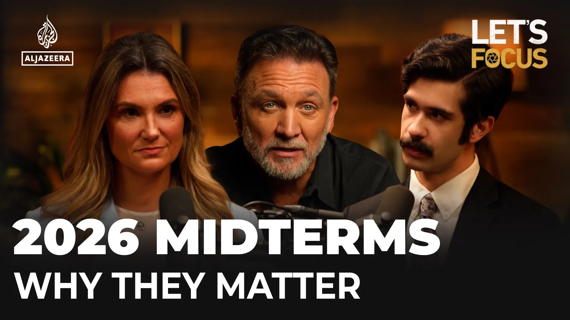 Three people speak into microphones beneath graphics reading “2026 Midterms” and “Why They Matter.”