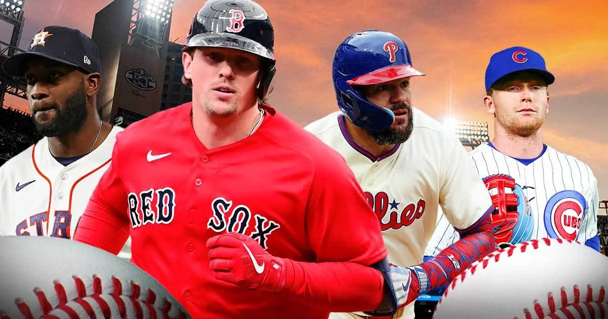 Composite image of four baseball players in Astros, Red Sox, Phillies and Cubs uniforms against an orange stadium backdrop.