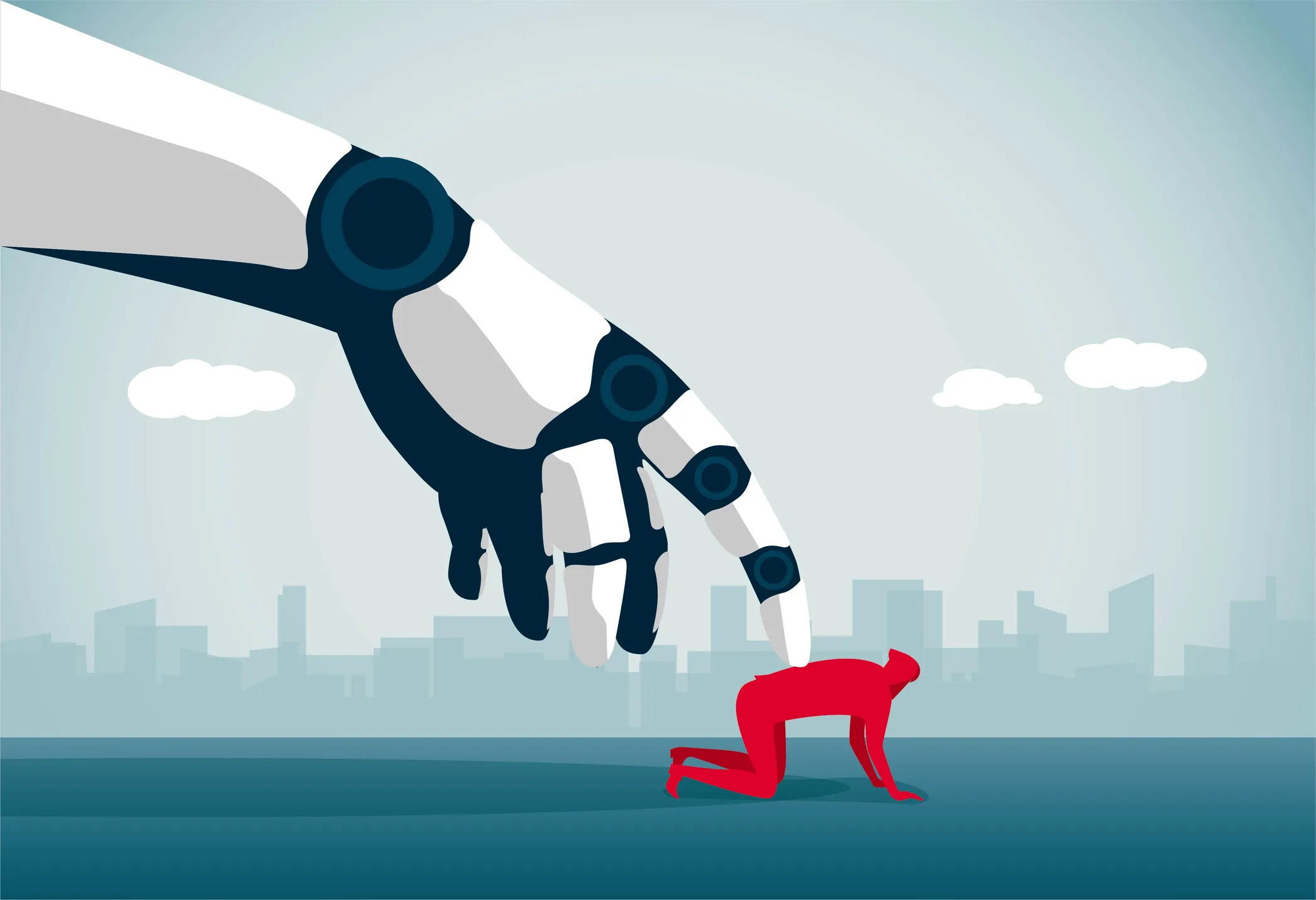 Large robotic hand looming over a kneeling red human figure against a city skyline