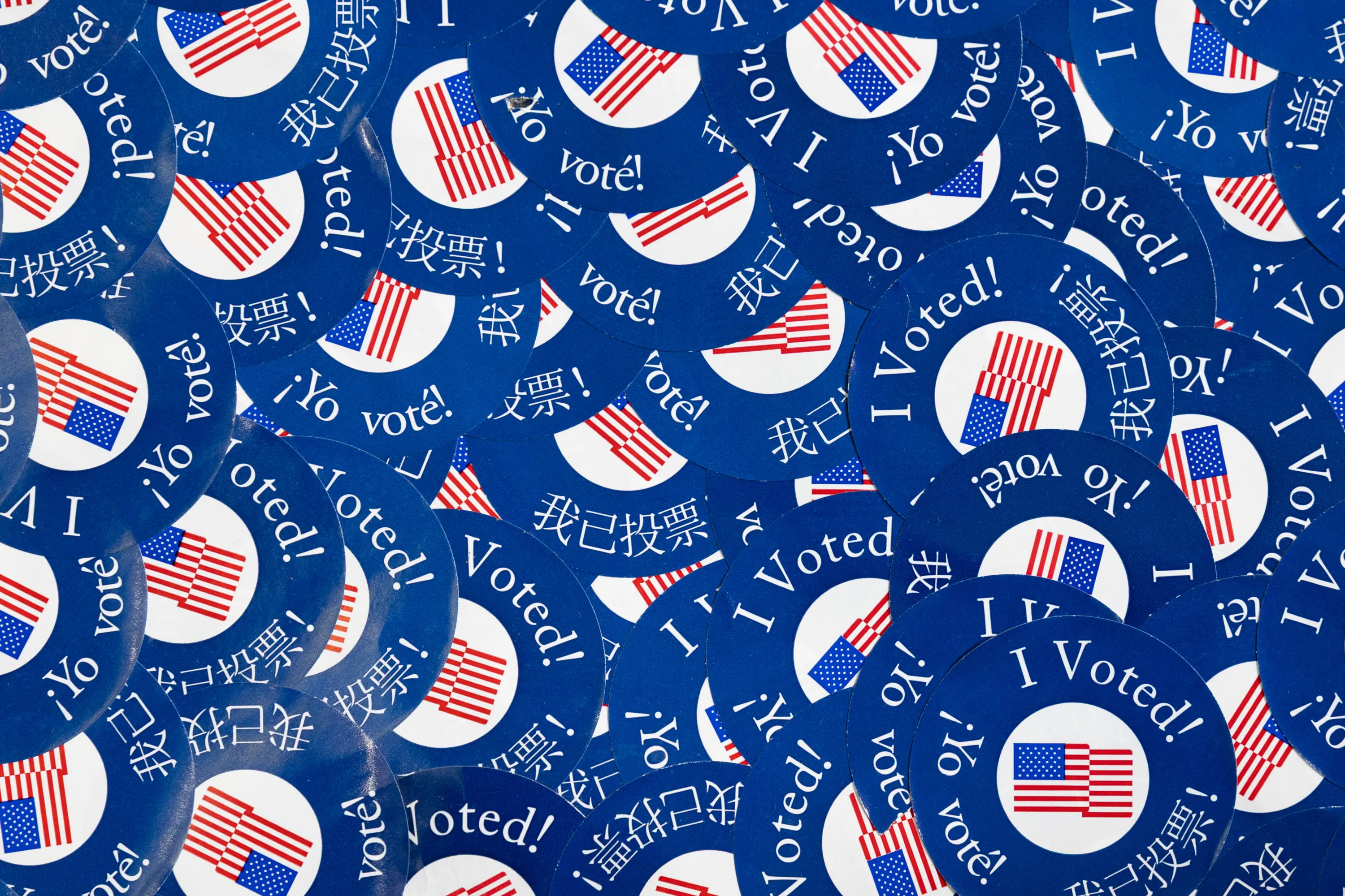 Blue “I Voted!” stickers featuring U.S. flags and multilingual voting messages overlap across the frame.