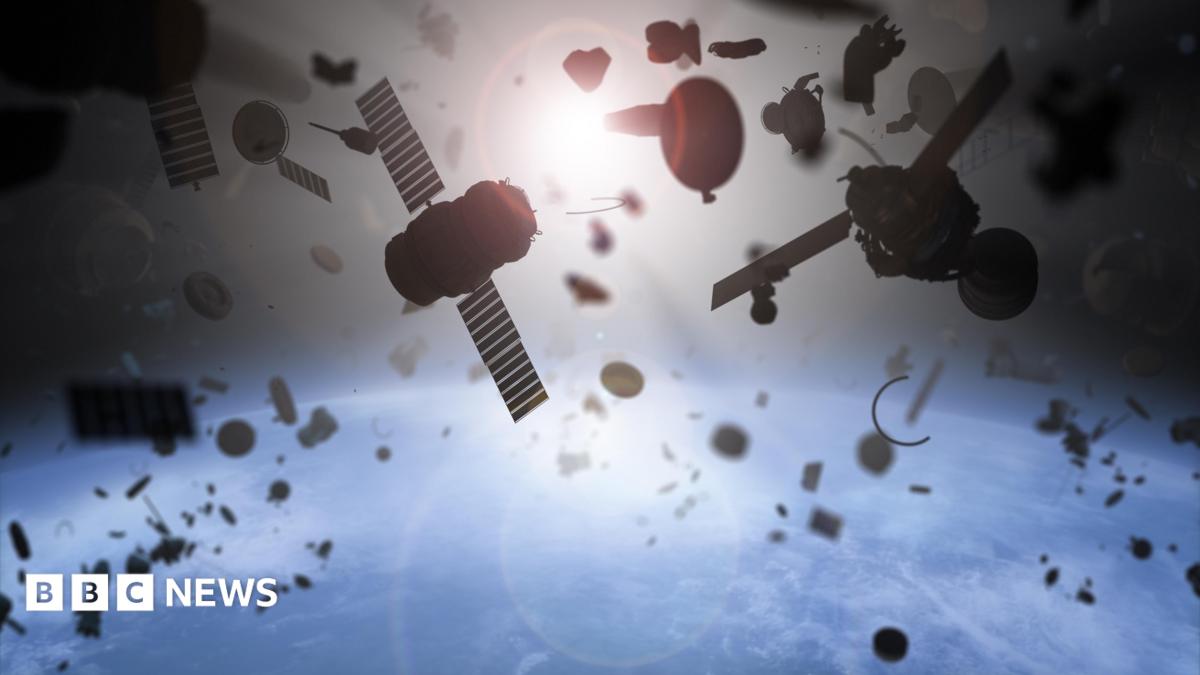 Silhouettes of satellites and space debris float above Earth against a bright sunlit backdrop.
