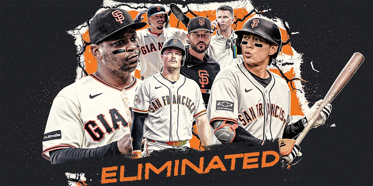 Collage of San Francisco Giants players over a torn orange-and-black background with “ELIMINATED” text.