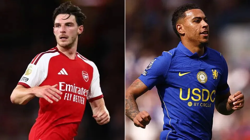 Split image of Arsenal and Chelsea footballers wearing their respective red and blue team jerseys