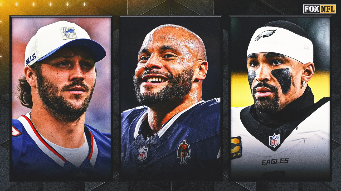 Three NFL players in Buffalo Bills, Baltimore Ravens, and Philadelphia Eagles uniforms shown in portrait panels