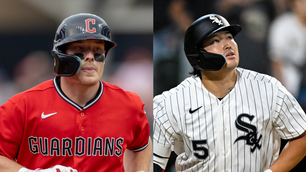 Split image of baseball players in Cleveland Guardians and Chicago White Sox uniforms wearing batting helmets