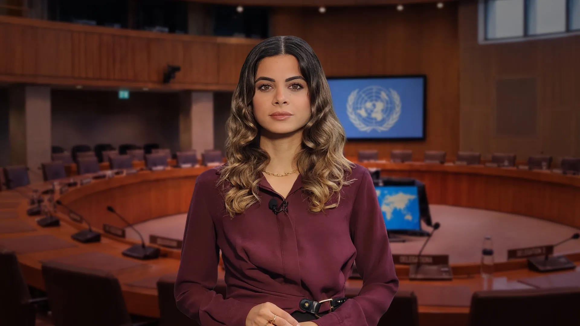 Woman in burgundy blouse standing in a conference room with United Nations emblem displayed behind her