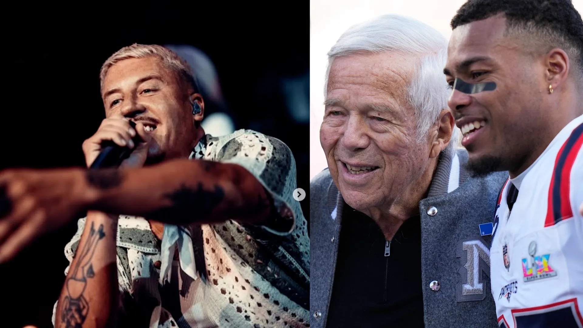 Split image shows a tattooed singer performing beside an older white-haired man and a smiling football player.