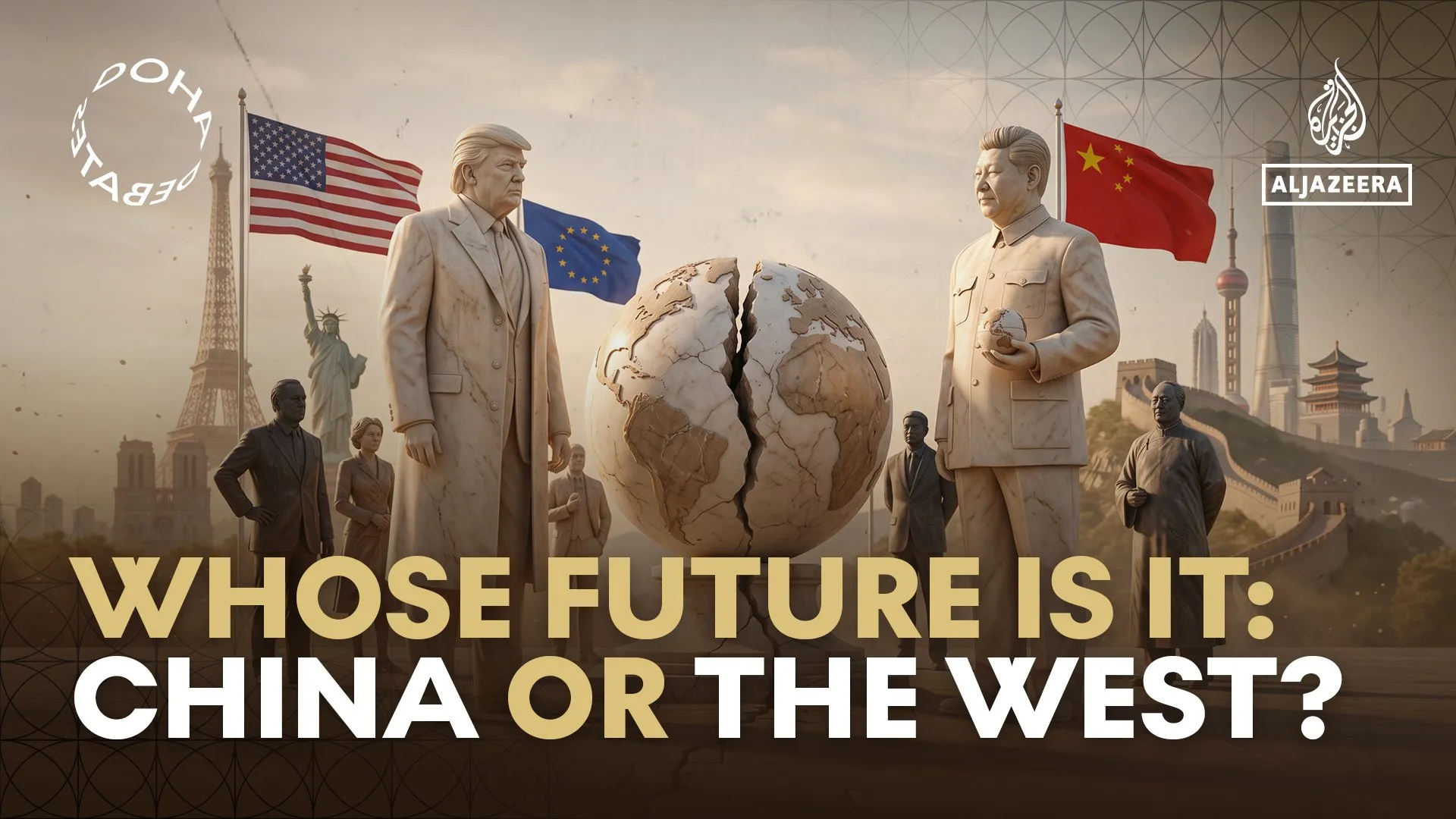Two suited leaders face each other across a cracked globe, with U.S., EU, and Chinese flags behind them.