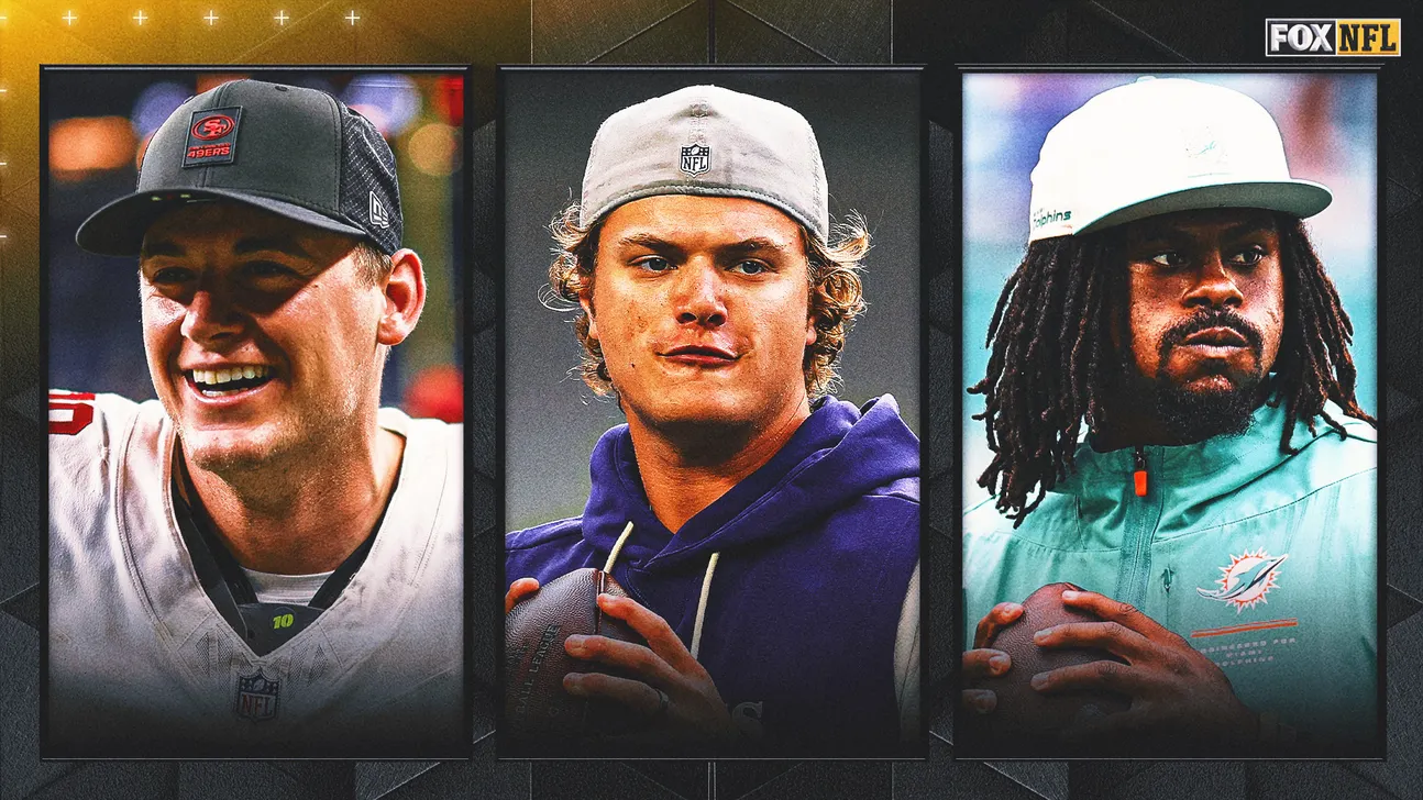 Three football quarterbacks wearing caps and team apparel posed in separate framed portraits