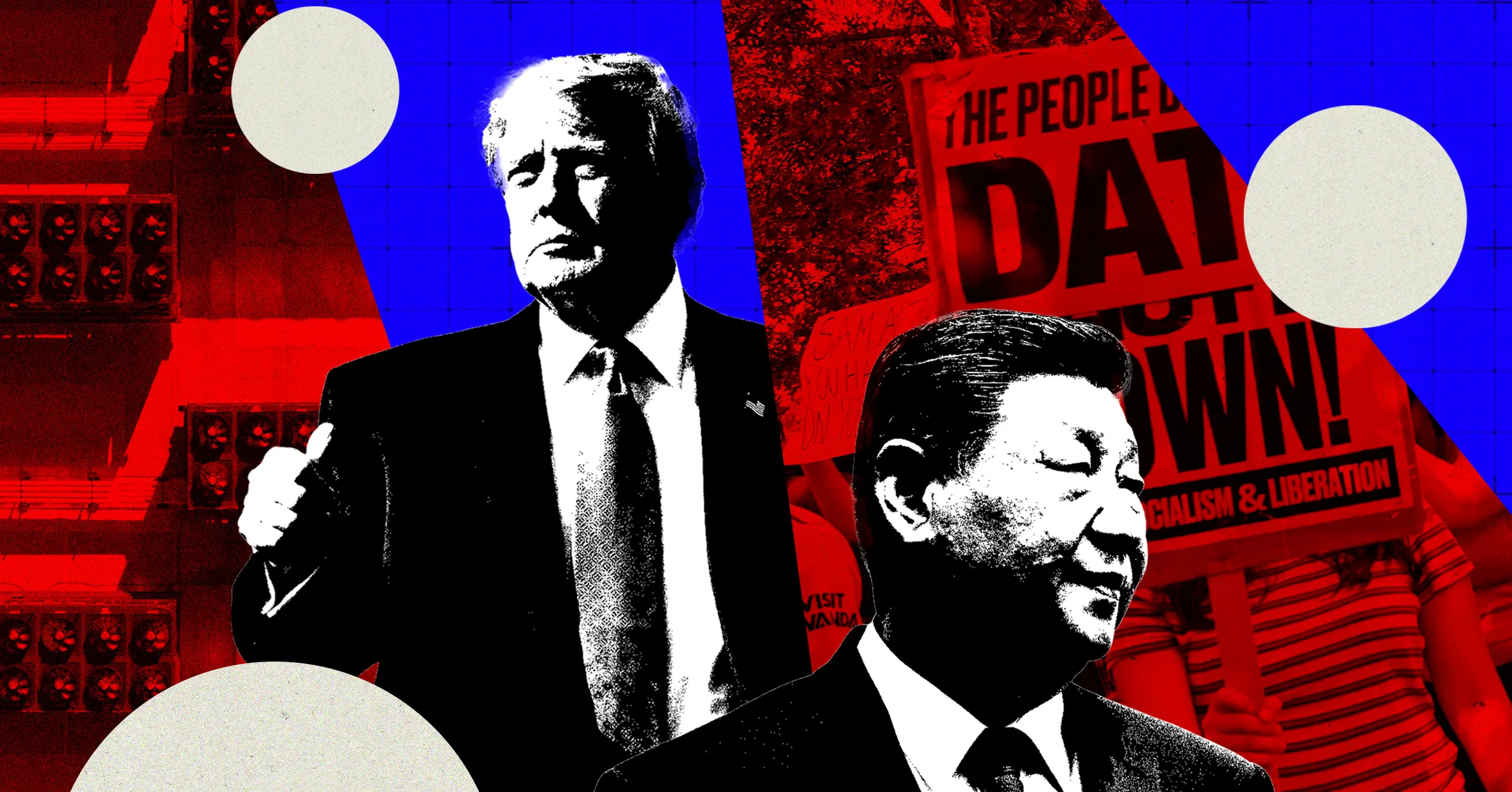 Stylized red, blue, and black collage featuring two suited men and a protest sign reading “DAY.”