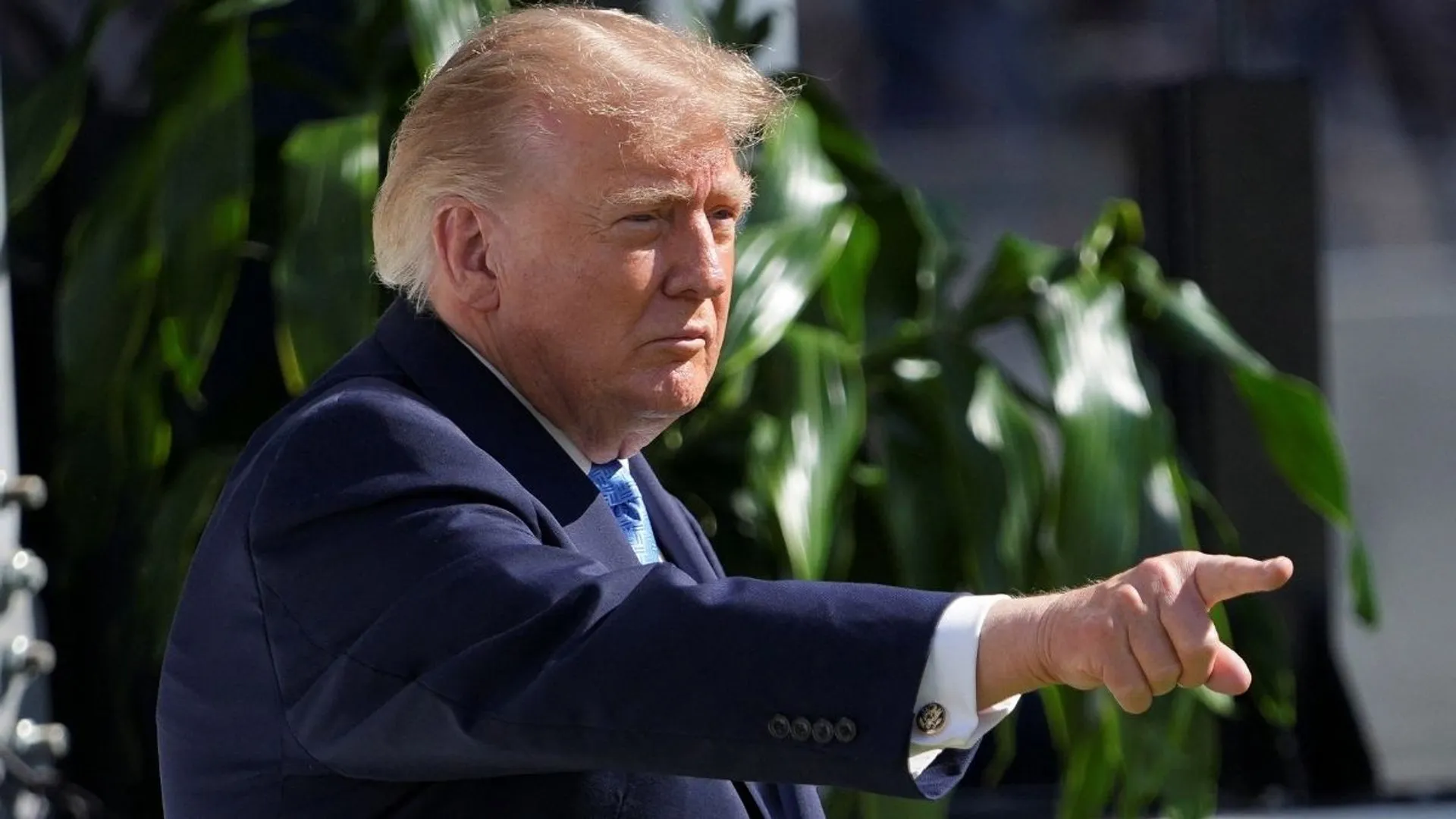 Donald Trump in a dark suit points to the right outdoors, with green foliage behind him.