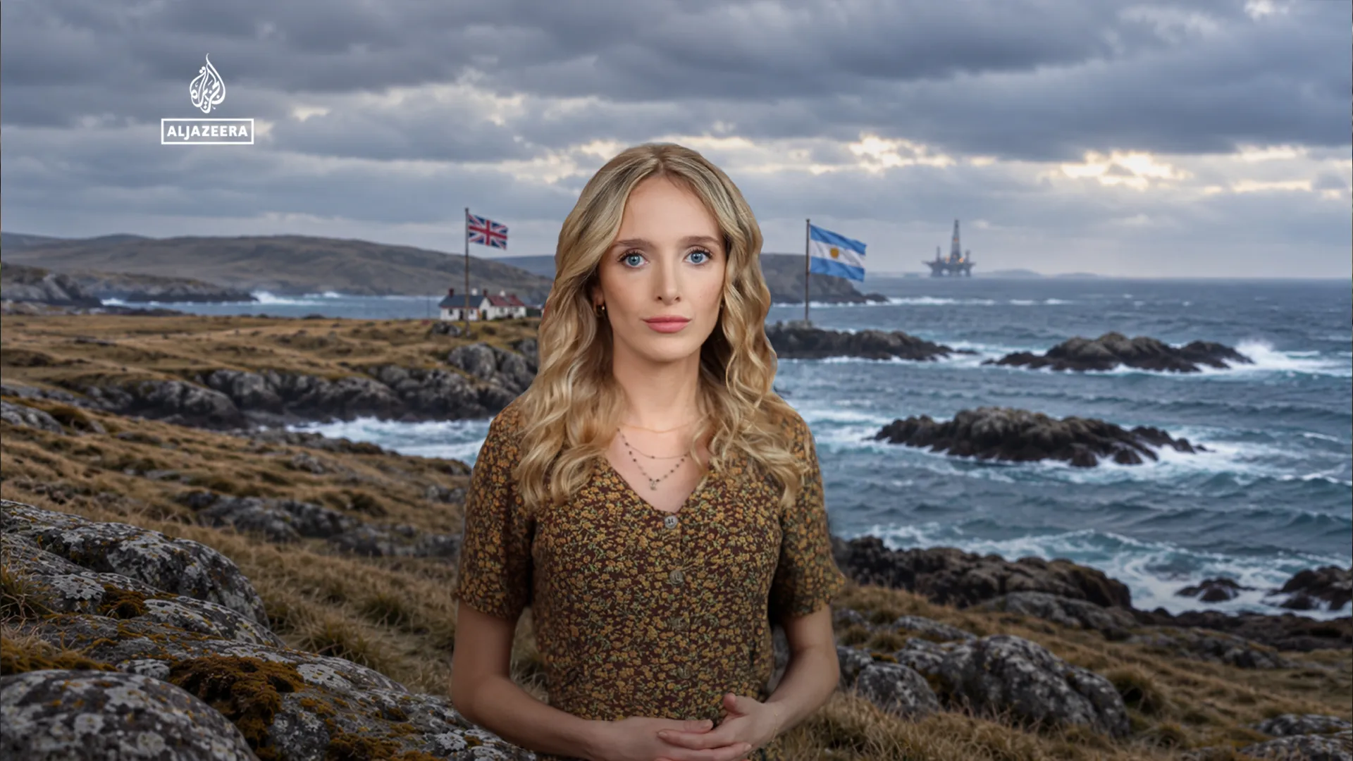 Blonde female presenter standing before a rocky coastline with British and Argentine flags