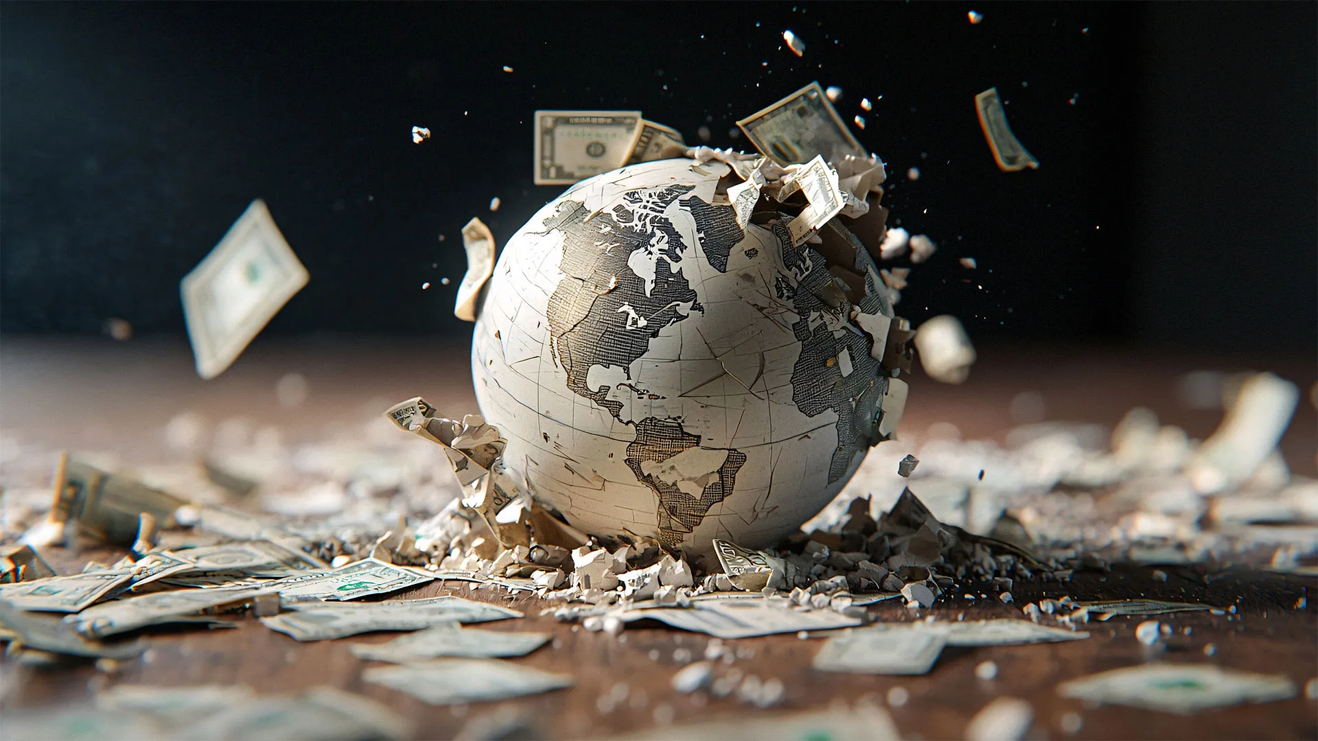 Globe amid rubble and scattered banknotes, symbolizing global economic disruption and financial instability.
