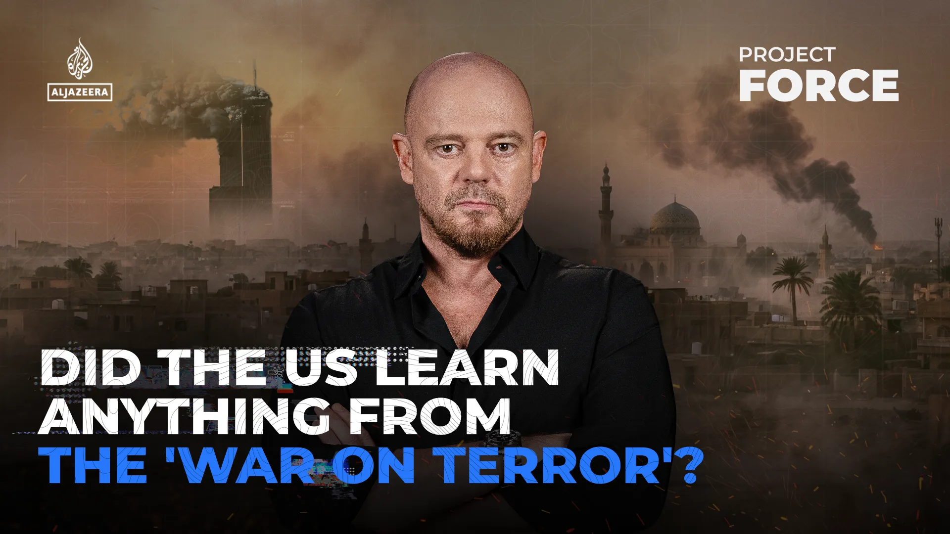 Bald man in black shirt before a smoke-filled cityscape, with bold documentary title text.