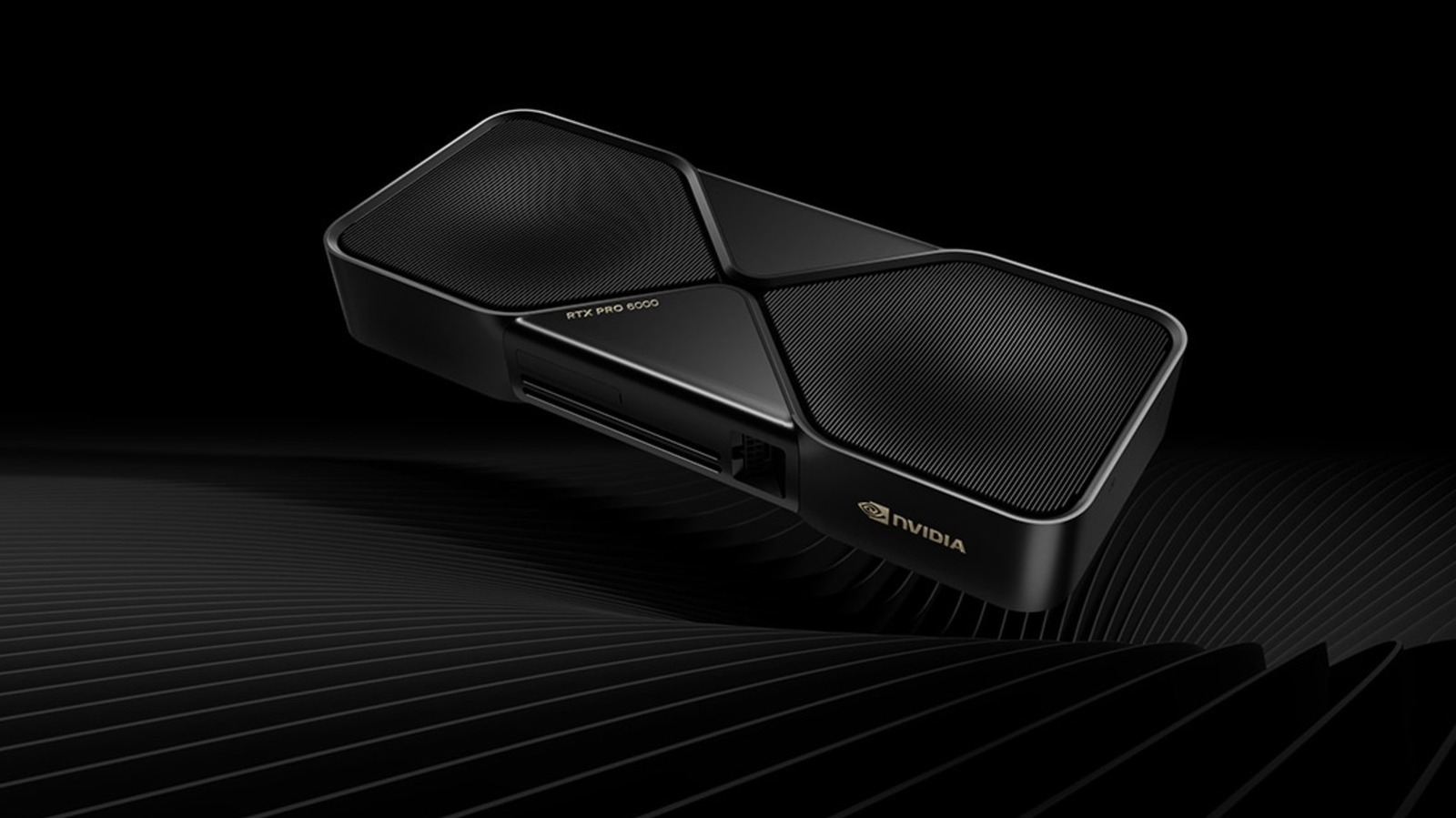 Black NVIDIA RTX PRO 6000 graphics card floating above a dark, ridged surface.