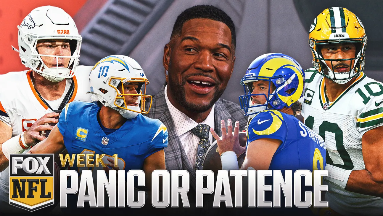 Collage of NFL players and analyst with FOX NFL Week 1 Panic or Patience graphic