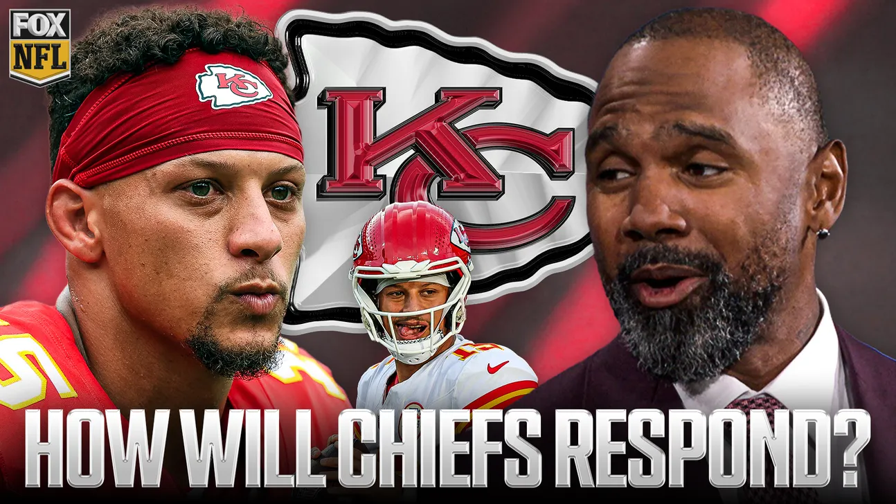 Kansas City Chiefs players and bearded team representative beside a large Chiefs logo