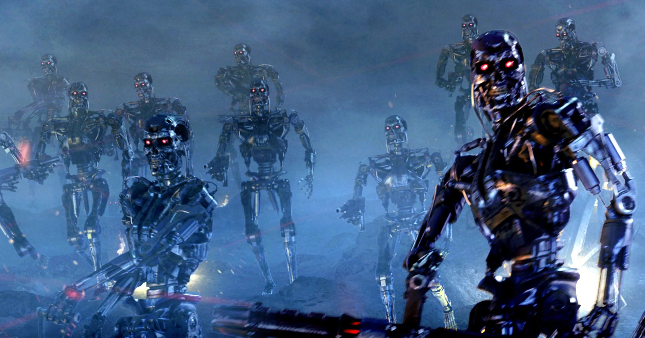 Futuristic humanoid robots with glowing red eyes advance through a blue, smoky battlefield.