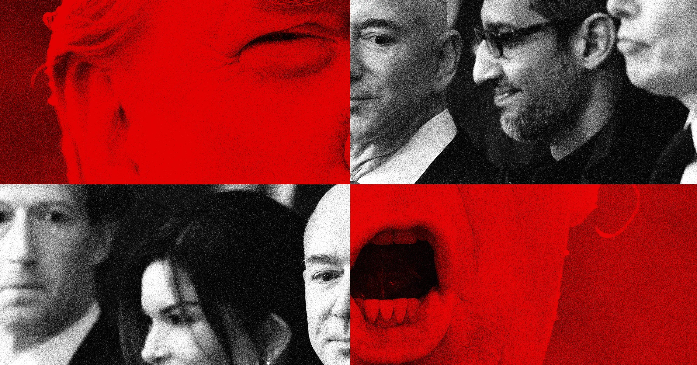 Four-panel collage of grainy black-and-white faces, with red overlays and close-up portraits of men and a mouth