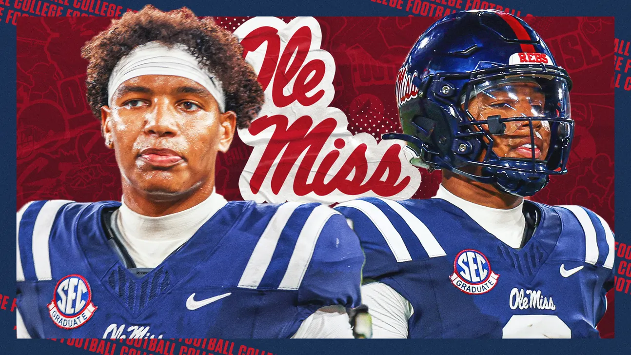 Two Ole Miss football players in blue uniforms pose in front of a red Ole Miss graphic.