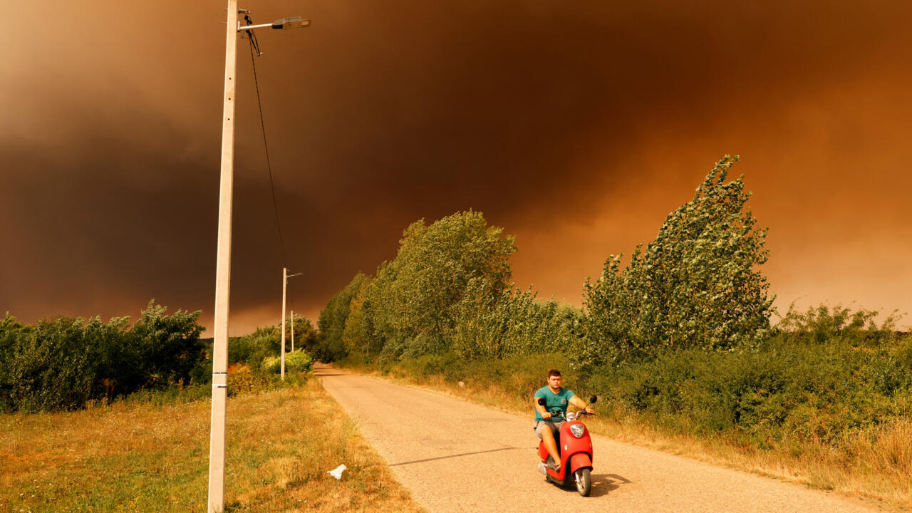 Person rides a red scooter along a rural road beneath smoke-darkened orange skies and windswept trees